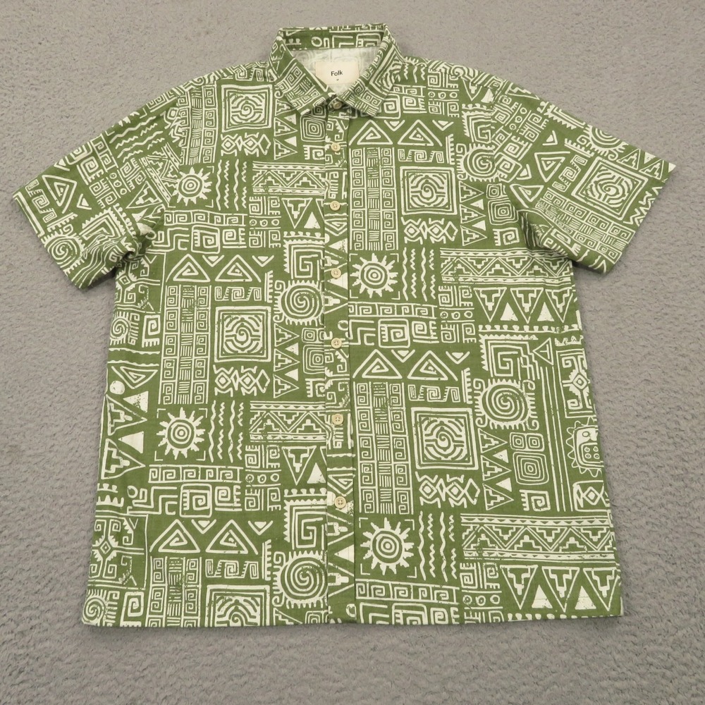 Folk Mens Medium Green Khaki Linen Blend Inca Aztec Tribal Button Up Shirt